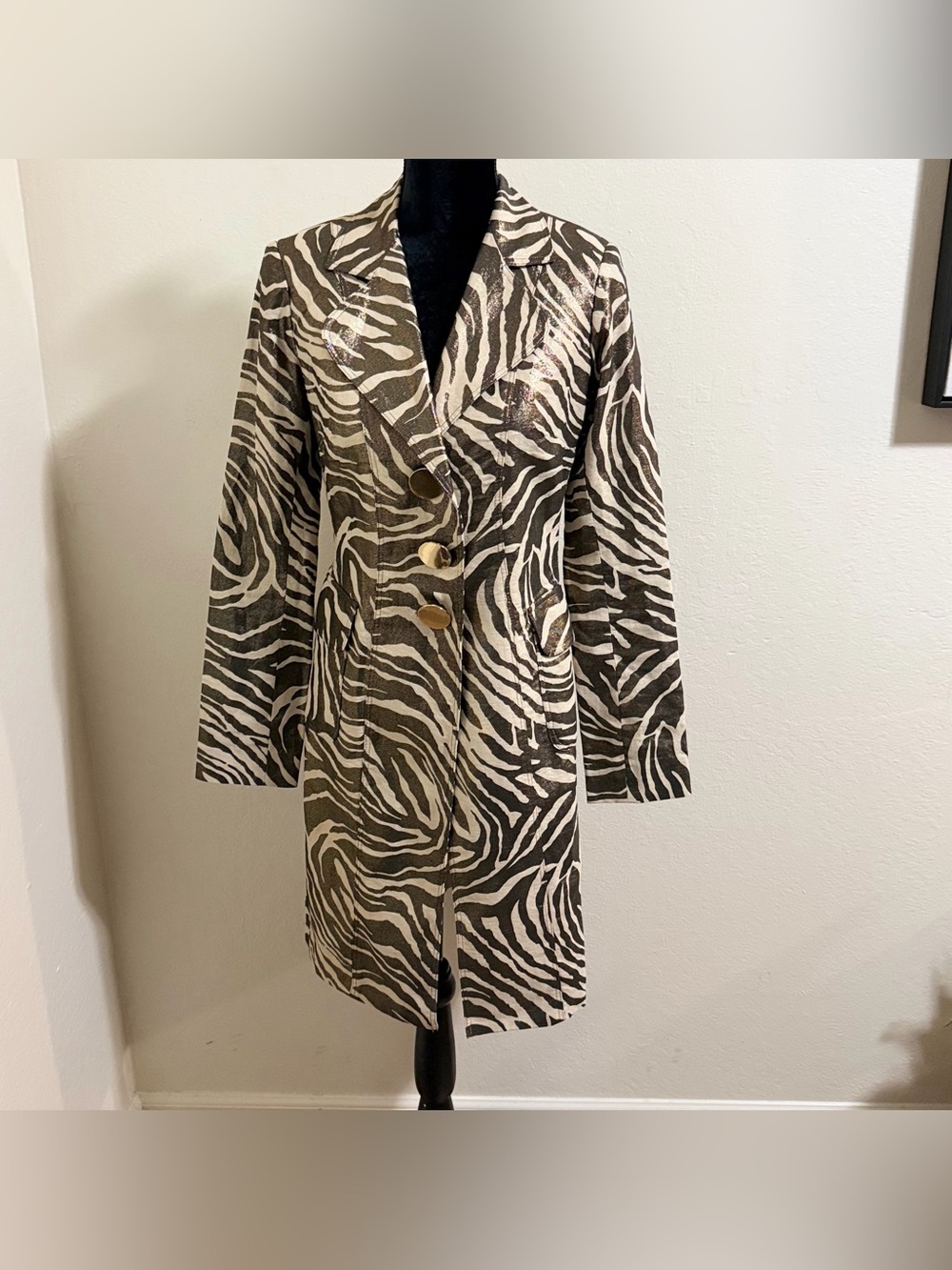 VTG Caché Metallic Gold Zebra Stripe Longline Blazer Jacket Coat Small Retro Y2K